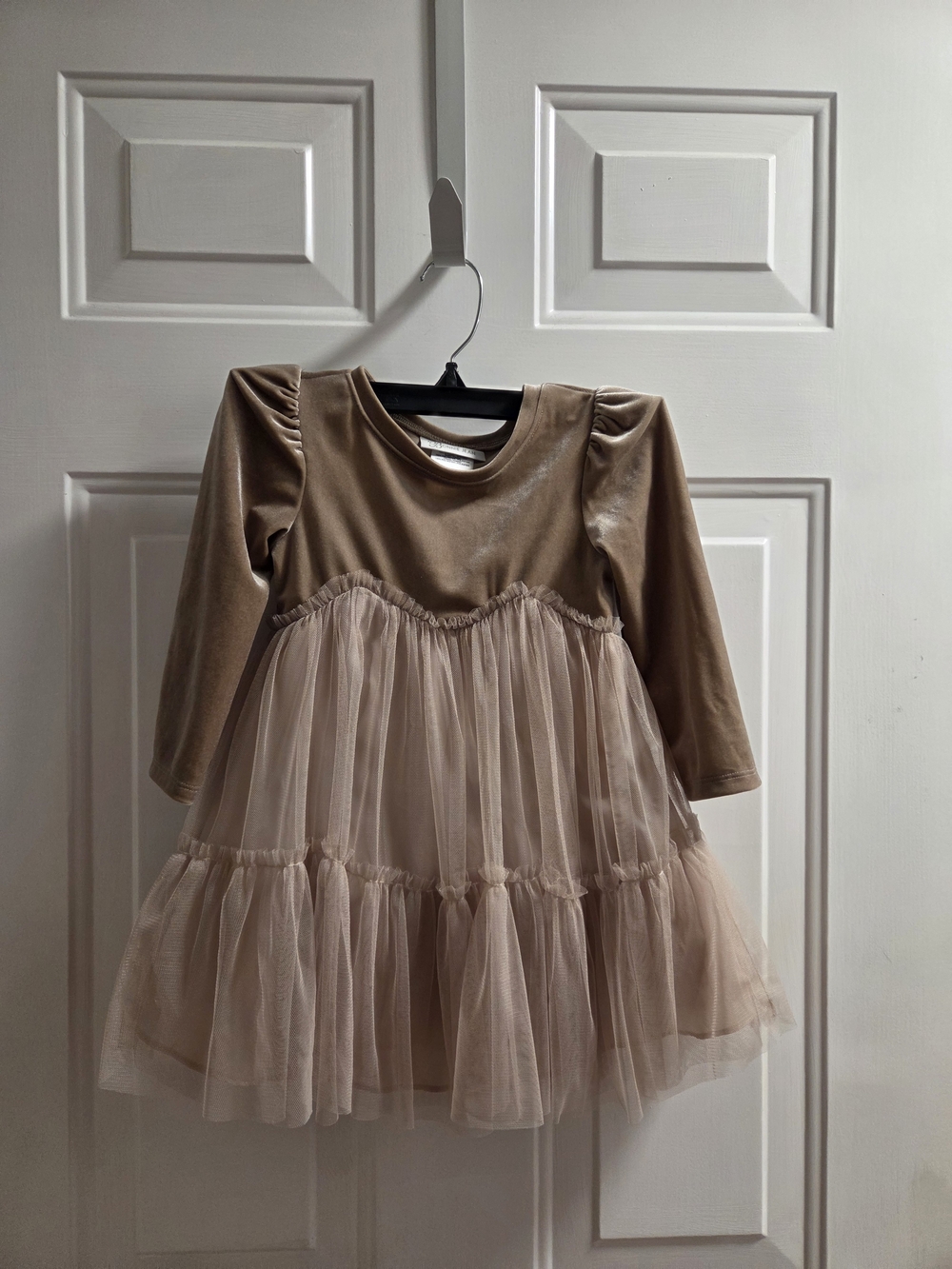 Bonnie Jean Neutral Velvet Tulle Dress in Taupe